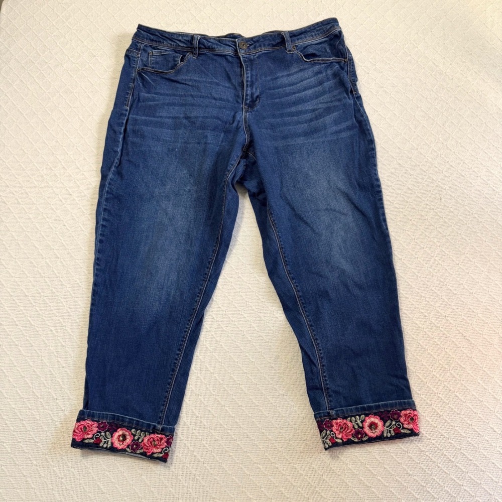 Vintage Terra & Sky Womens 18W Embroidered Floral Sequin Jeans Blue Medium Wash